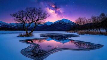 Serene Winter Landscape Milky Way over Frozen Lake Mountains and Lone Tree photo