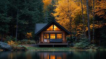 Cozy Log Cabin Retreat by Autumn Lake Illuminated Windows Scenic Forest photo