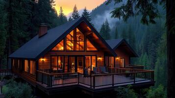 Luxurious Mountain Cabin at Dusk Illuminated Windows Forest View Deck photo