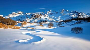 Scenic Winter Wonderland Snow Covered Mountains and Serpentine Snow Trails photo