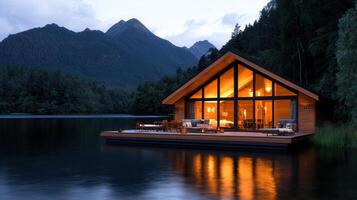 Luxurious Lakefront Cabin Retreat at Dusk Mountain View Wooden Architecture photo
