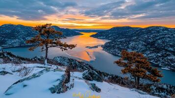 Stunning Winter Sunset over Mountain Lake and Snowy Peaks Dramatic Landscape Photography photo