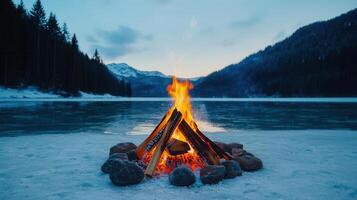 Winter Bonfire by Frozen Lake Majestic Mountain Scenery at Dusk photo