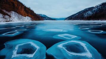Stunning Aerial View of Frozen Lake with Unique Ice Patterns Winter Landscape photo