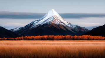 Majestic Snow Capped Mountain Peak with Autumnal Foliage and Golden Grassland photo