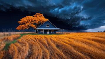 Dramatic Autumn Landscape Old House Golden Field and Imposing Storm Clouds photo