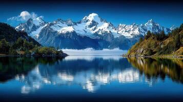 Stunning Mountain Lake Reflection Serenity Snow Capped Peaks and Tranquil Waters photo