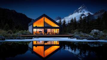 Modern Mountain Cabin Lake Reflection Night Stunning Architecture Design photo