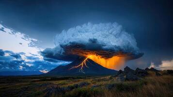 Dramatic Volcanic Eruption with Lightning Strike Under a Massive Storm Cloud photo