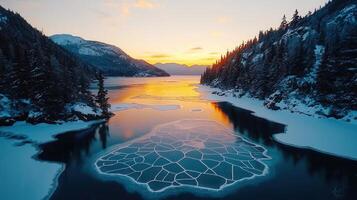 Stunning Aerial Sunset View of a Frozen Lake with Geometric Ice Patterns Surrounded by Snowy photo