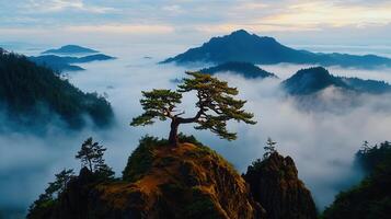 Majestic Lone Pine Tree on Mountaintop Above Misty Valley at Sunrise photo