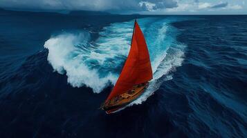 Dramatic Aerial View of Red Sailboat Navigating Ocean Waves photo