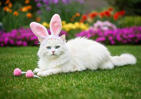 A white cat with pink bunny ears laying on the grass photo