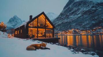 Majestic Winter Cabin by the Fjord with Red Fox in Snow photo