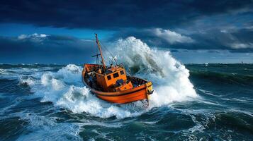 Small Fishing Boat Battling Huge Waves in a Dramatic Ocean Storm photo