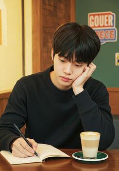 A man sitting at a table with a pen and a cup of coffee photo