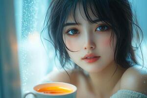 A beautiful woman with dark hair and blue eyes holding a cup of tea photo