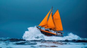 Dramatic Sailboat with Orange Sails Navigating Rough Ocean Waves photo
