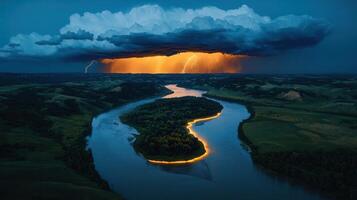 Dramatic Lightning Storm Over River Landscape at Night Illuminated Island Aerial View photo