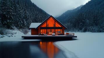 Luxurious Modern A Frame Cabin on Frozen Lake in Snowy Mountains photo