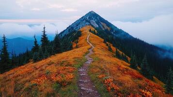 Majestic Mountain Peak Trail Autumnal Hike Through a Coniferous Forest photo