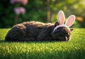 A black cat wearing bunny ears laying on the grass photo