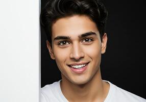A man is smiling while holding a white board photo