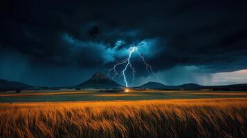 Dramatic Lightning Strike Over Golden Field and Mountains at Night photo