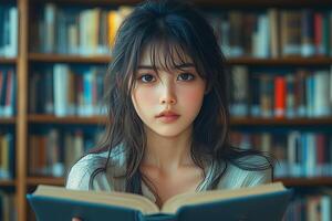 A young woman is reading a book in front of a library photo
