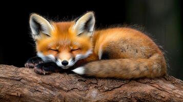 Adorable Red Fox Kit Sleeping Peacefully on a Log in the Wild photo