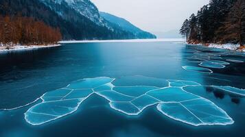 Stunning Aerial View of Frozen Lake with Ice Patterns Winter Landscape Mountain Scenery photo