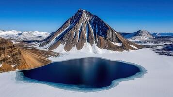 Stunning Aerial View of Arctic Lake Surrounded by Snow Capped Mountains and Glacier photo