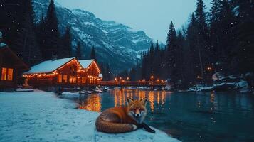 Red Fox Resting by Snowy River Illuminated Winter Cabin Mountain Landscape photo