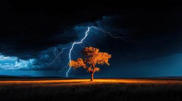 Dramatic Lightning Strike over Golden Field with Solitary Tree Intense Nature Photography photo