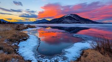 Stunning Sunset Reflection on Frozen Lake Mountains and Sky Winter Landscape photo