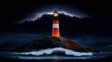 Dramatic Lighthouse on Rocky Coast during a Stormy Night Ocean Waves Crashing photo