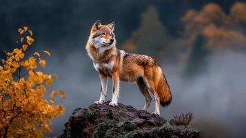 Majestic Red Wolf Standing on a Rock in Autumnal Forest Wildlife Photography photo