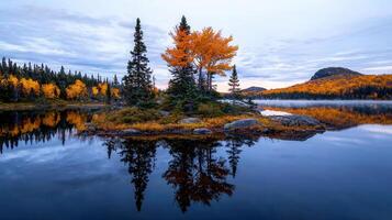 Serene Autumn Lake with Colorful Island and Mountain Reflection photo