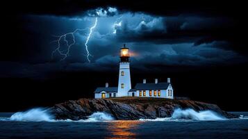 Dramatic Lighthouse on Rocky Coast During a Thunderstorm at Night photo
