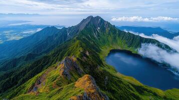 Majestic Mountain Peak with Alpine Lake Lush Green Landscape Aerial View photo