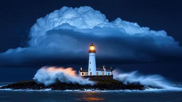 Dramatic Lighthouse Seascape Waves Crashing Against Coastal Tower Under Stormy Clouds at Night photo
