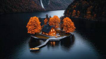 Serene Autumn Lake House Island Cottage with Vibrant Fall Foliage and Boat photo