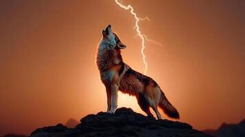 Majestic Wolf Howling at Sunset with Dramatic Lightning Strike photo