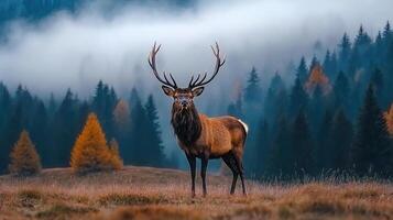 Majestic Red Deer Stag in Misty Autumn Forest Landscape photo