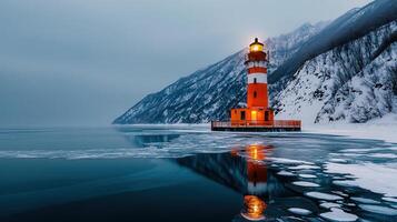 Luminous Lighthouse on Icy Winter Sea with Snowy Mountains photo