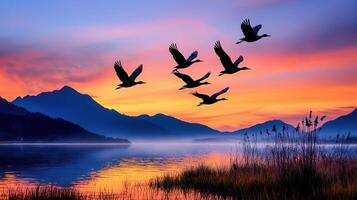 Majestic Birds in Flight Over Serene Lake at Sunset Mountain Landscape photo