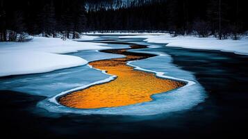 Serene Winter River Landscape Golden Sunset Reflection on Partially Frozen Water photo