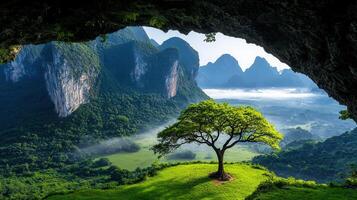 Serene Landscape Majestic Mountains Lush Valley Solitary Tree Viewed from Cave photo