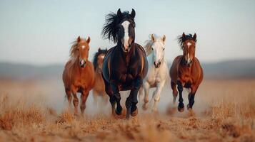 Majestic Herd of Horses Galloping Across Golden Field at Sunset photo