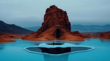 Solitary Figure on Frozen Lake with Red Rock Mountain Landscape photo